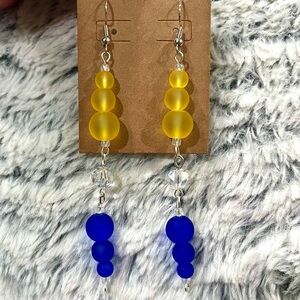 Yellow and Blue Beaded Dangle Silver Earrings